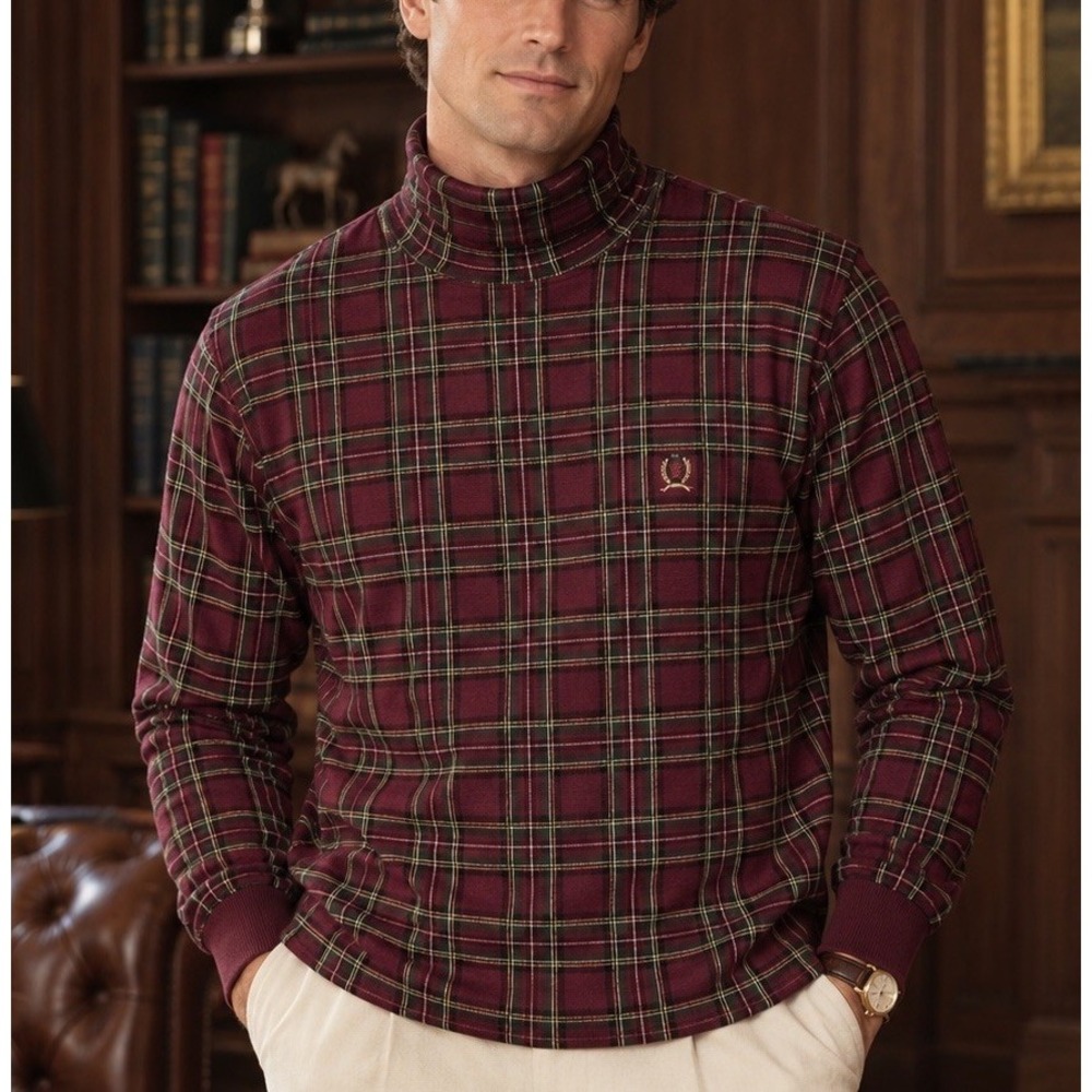 Vintage Tommy Hilfiger Old Money Turtle Neck Pullover Burgundy Plaid Men's Large